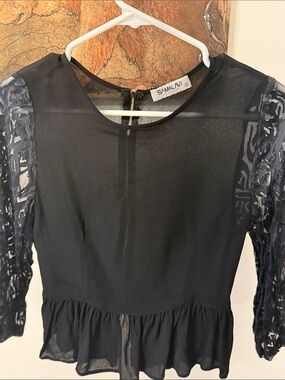 Sam & Lavi Black Sheer Peplum Top with Lace Sleeves